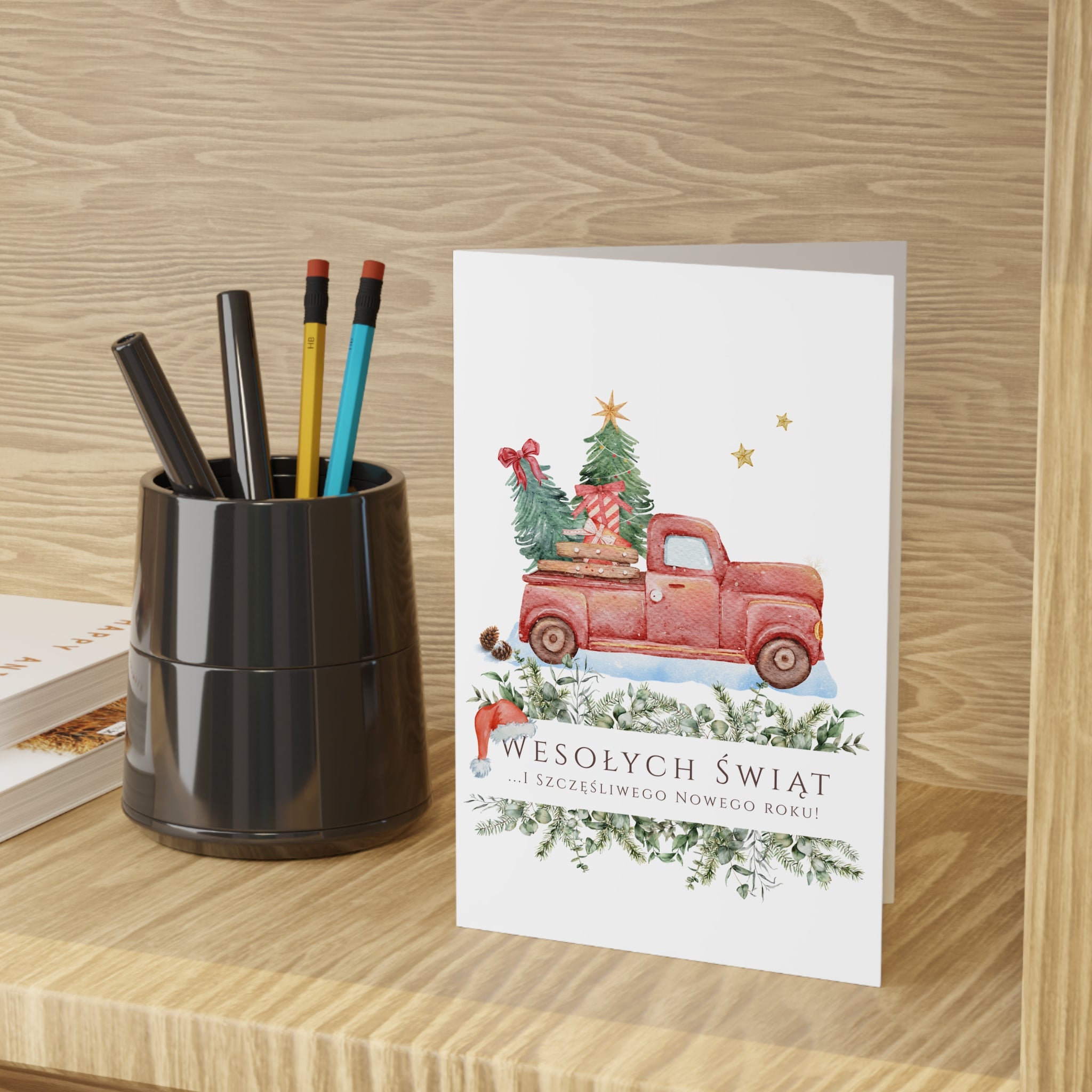 Polish Christmas Greeting Card – Vintage Red Truck with Christmas Tree (Polish: Wesołych Świąt)