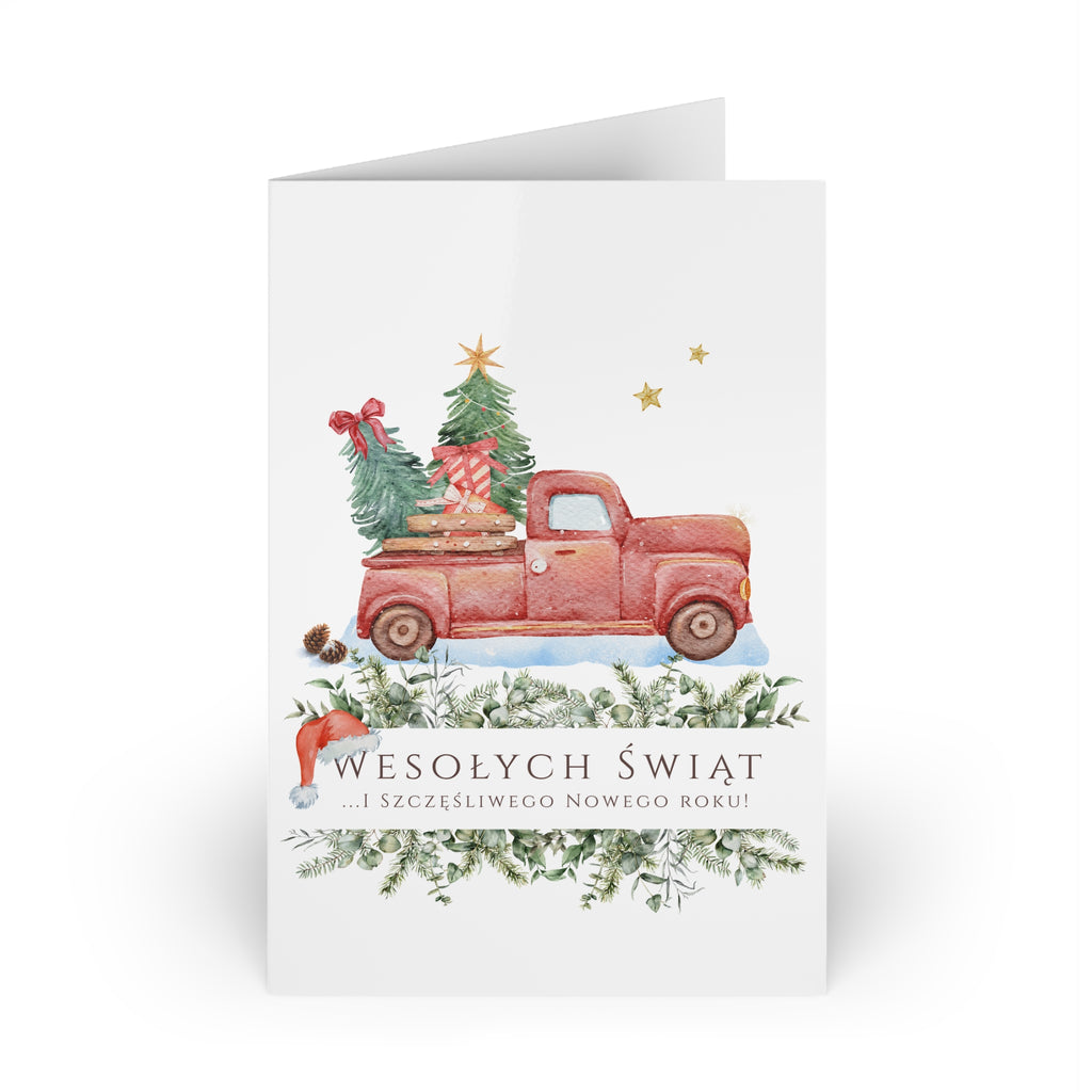 Polish Christmas Greeting Card – Vintage Red Truck with Christmas Tree (Polish: Wesołych Świąt)