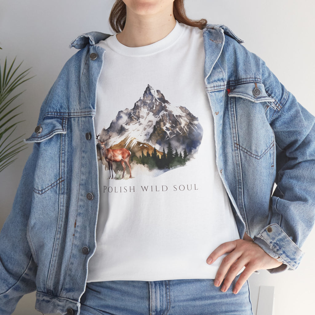 Polish Wildlife Unisex Adult  Cotton T-Shirt | Deer & Mountain Design | Polish Nature-Inspired Tee | Polish Heritage Apparel | Polish Canadian Identity Gift