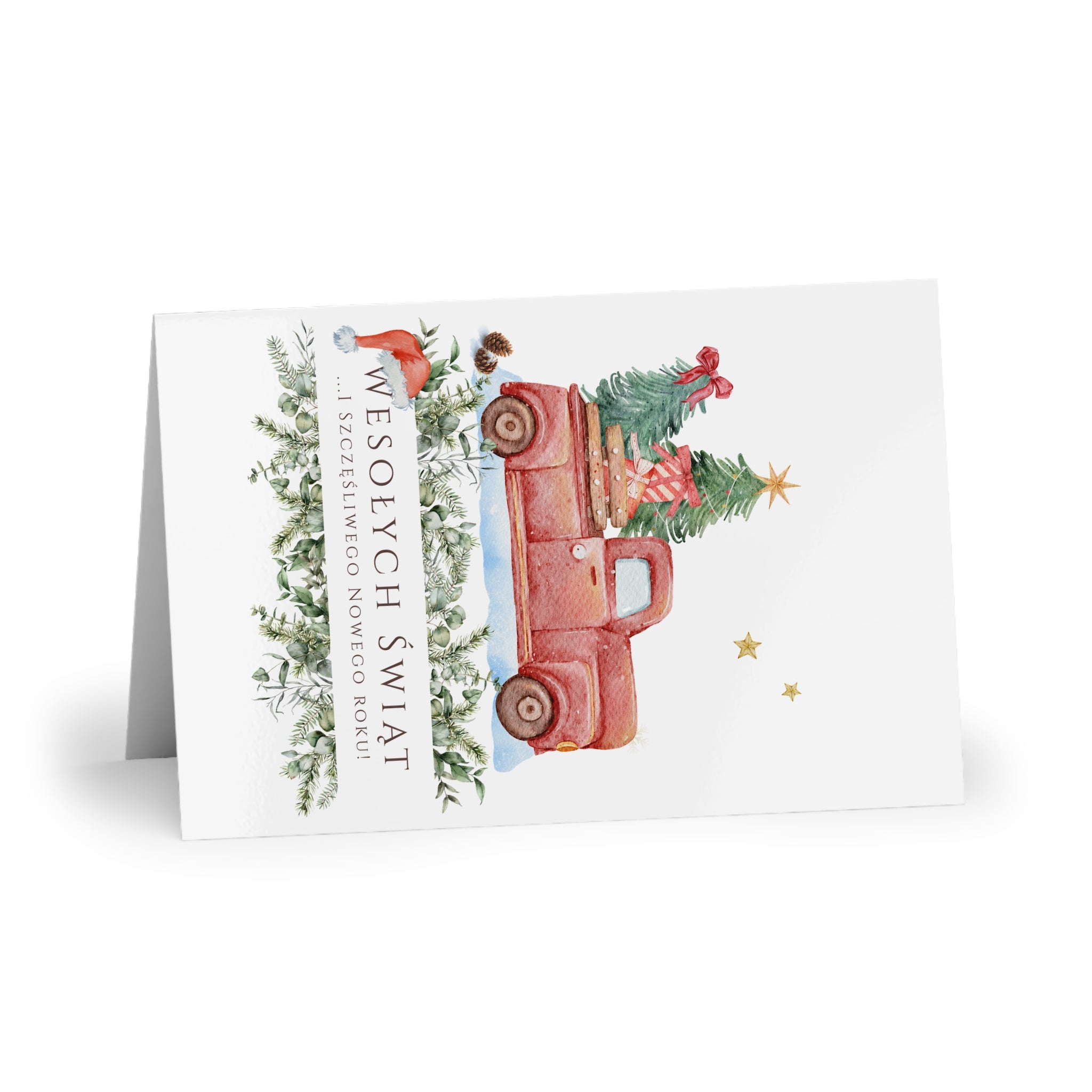 Polish Christmas Greeting Card – Vintage Red Truck with Christmas Tree (Polish: Wesołych Świąt)