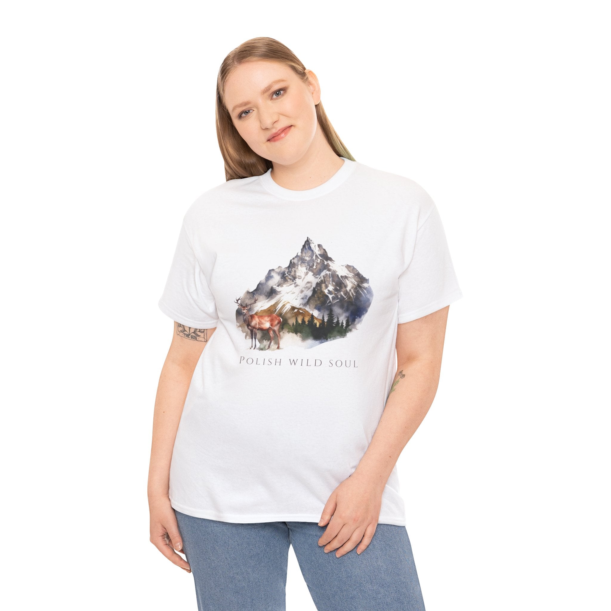 Polish Wildlife Unisex Adult  Cotton T-Shirt | Deer & Mountain Design | Polish Nature-Inspired Tee | Polish Heritage Apparel | Polish Canadian Identity Gift